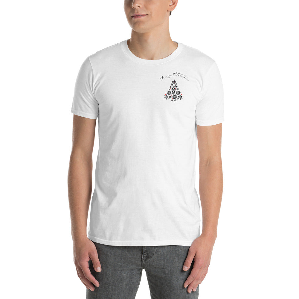 Merry Christmas Black Snowflakes Tree Left Corner Short-Sleeve Unisex T-Shirt