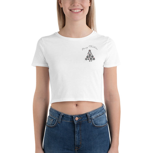 Merry Christmas Black Snowflakes Tree Left Corner Women’s Crop Tee