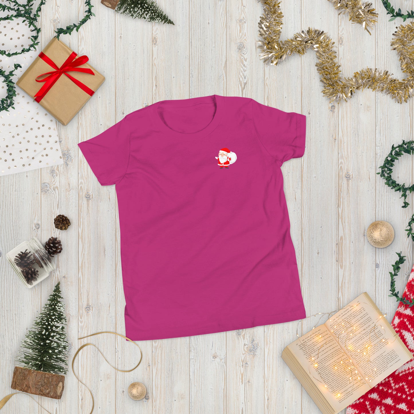 Youth Cute Santa Left Corner Short Sleeve T-Shirt Christmas