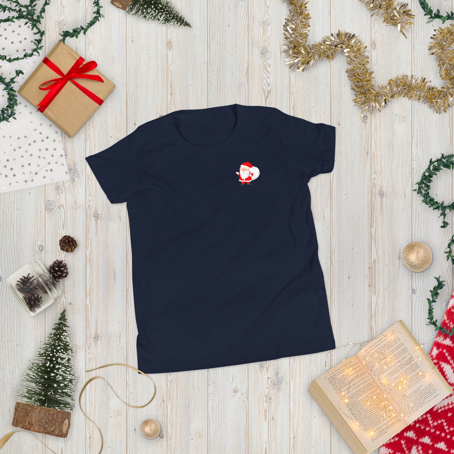 Youth Cute Santa Left Corner Short Sleeve T-Shirt Christmas