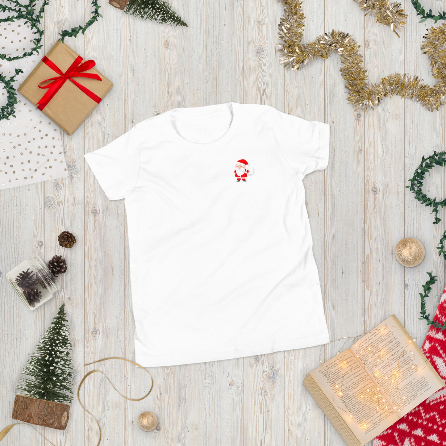 Youth Cute Santa Left Corner Short Sleeve T-Shirt Christmas